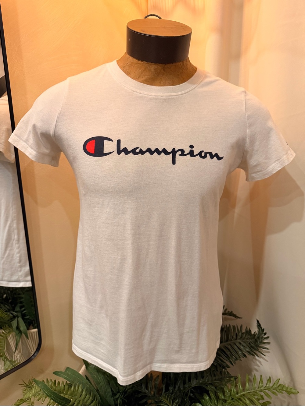 Champion White Short Sleeve Logo Tee with Navy & Red Accent